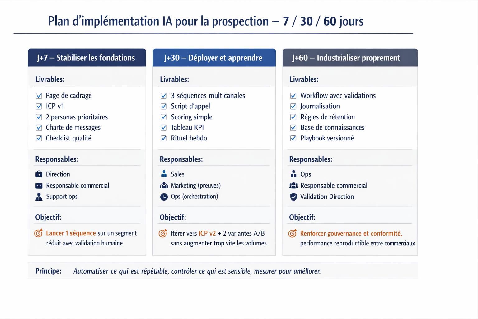 Roadmap 7, 30 et 60 jours pour déployer une prospection augmentée par l’IA en PME, avec livrables, responsabilités et objectifs.