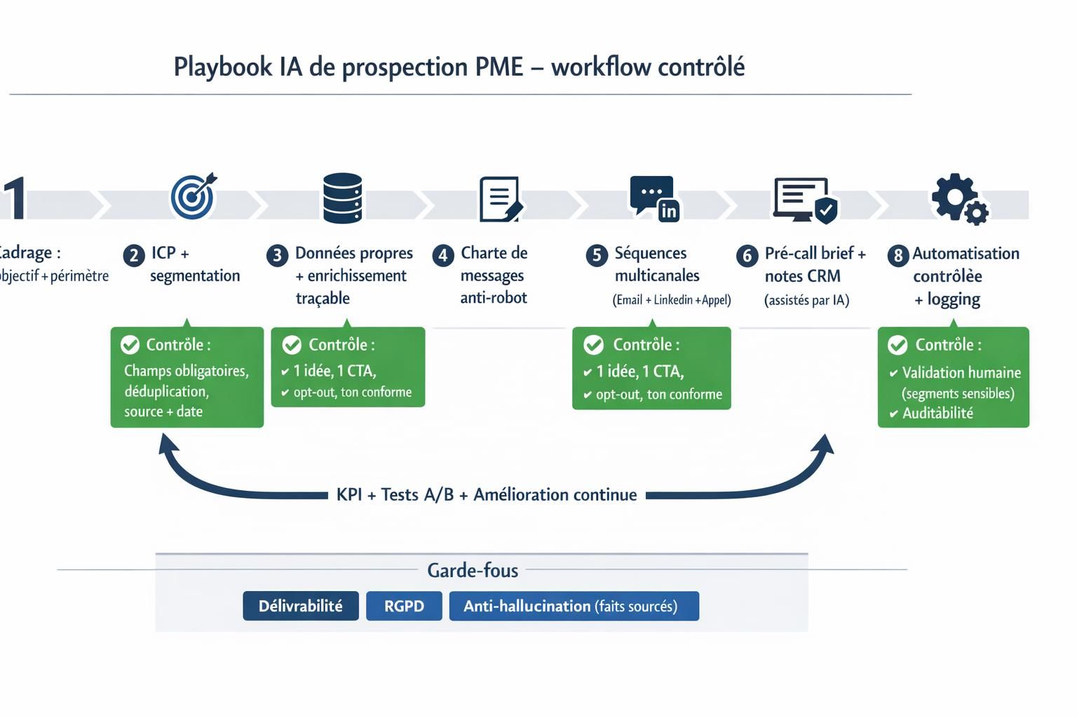 Schéma d’un playbook IA de prospection PME avec ICP, enrichissement, séquences multicanales, scoring et pilotage par KPI, avec validation humaine.