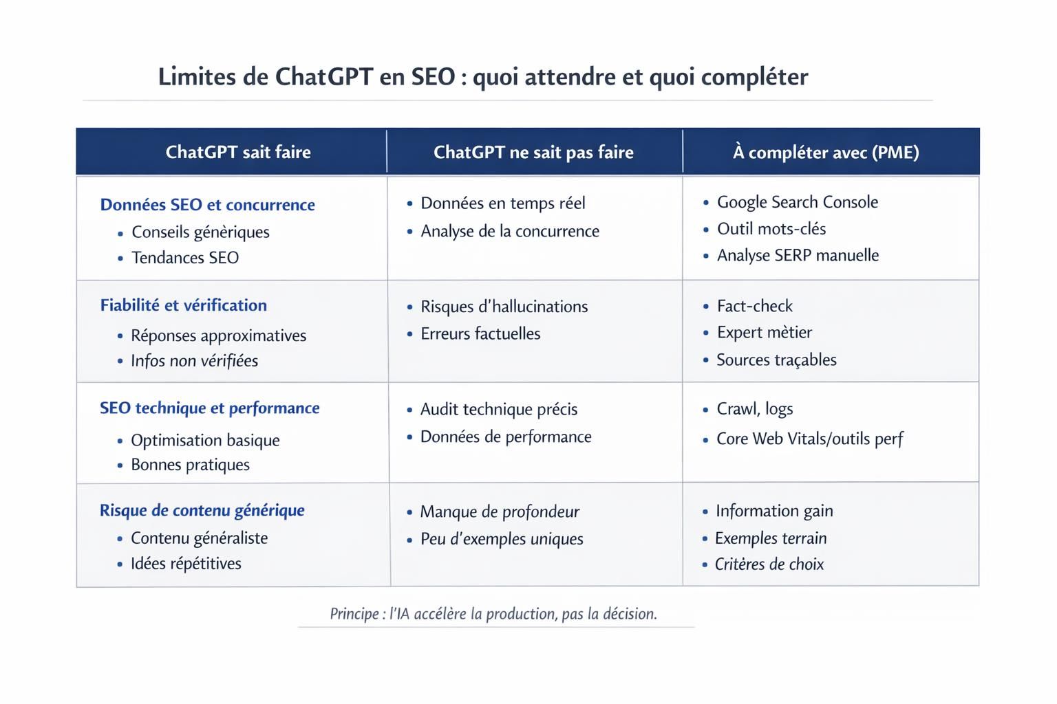Tableau des limites de ChatGPT en SEO et des compléments nécessaires avec outils et validation humaine