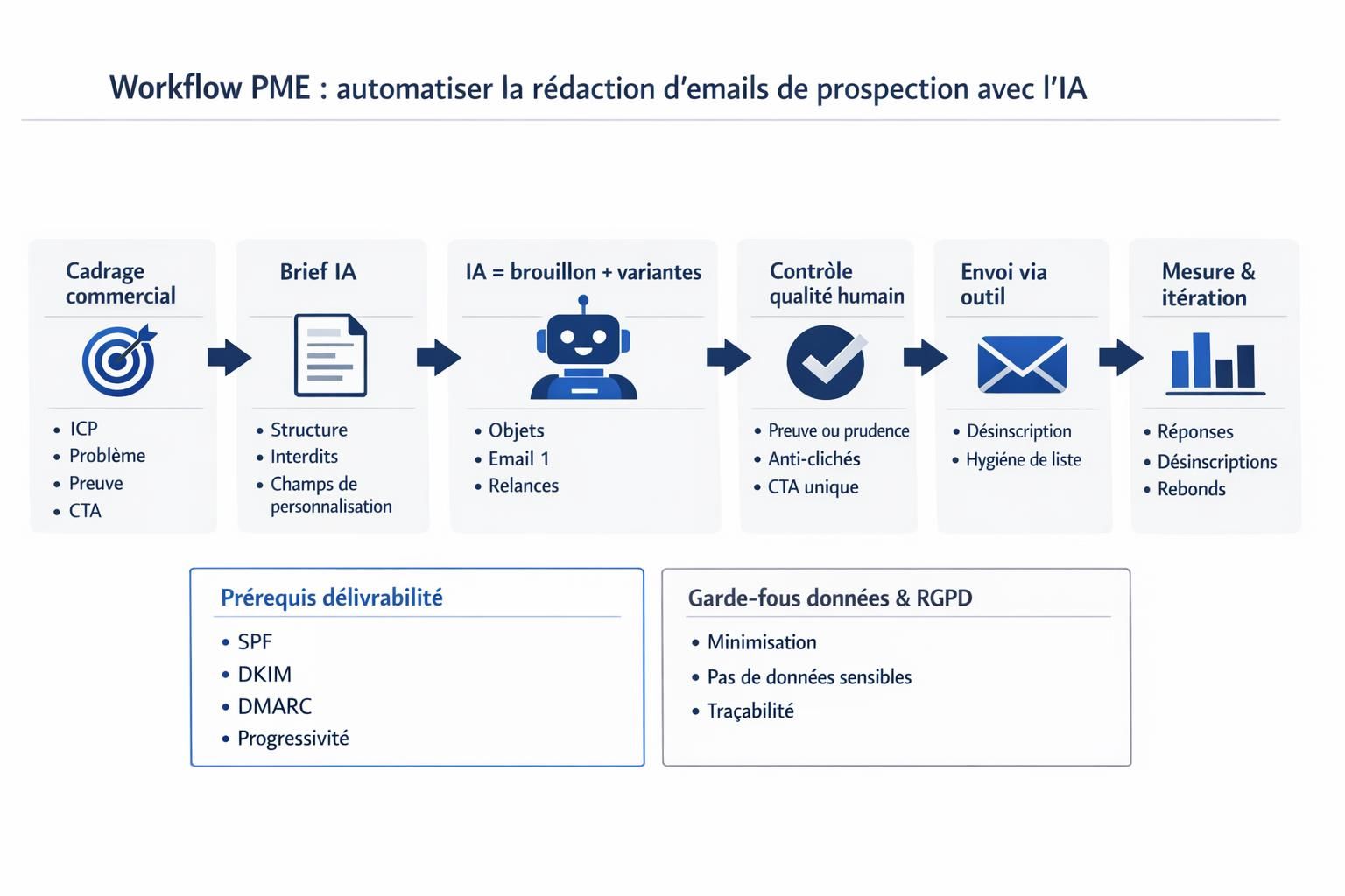 Workflow PME : cadrage → IA → contrôle qualité → envoi → mesure pour des emails de prospection.