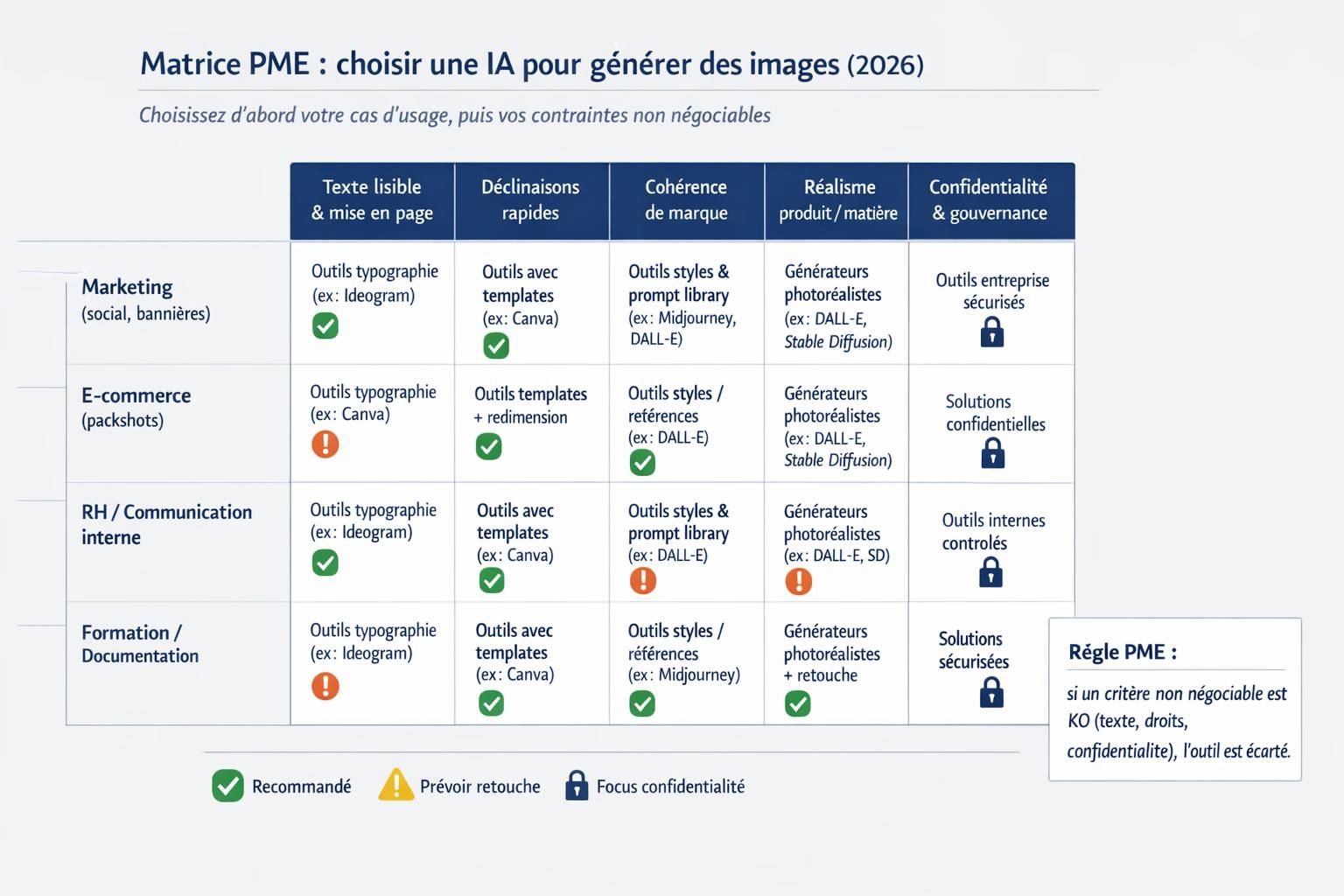 Matrice PME pour choisir la meilleure IA pour générer des images selon le cas d’usage (marketing, e-commerce, RH, formation) et les contraintes de production.