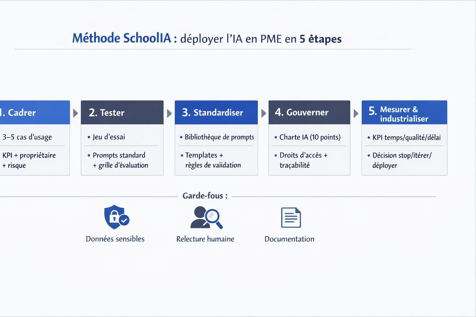 Schéma en 5 étapes de la méthode SchoolIA pour sélectionner, tester, standardiser, gouverner et industrialiser l’IA en PME.