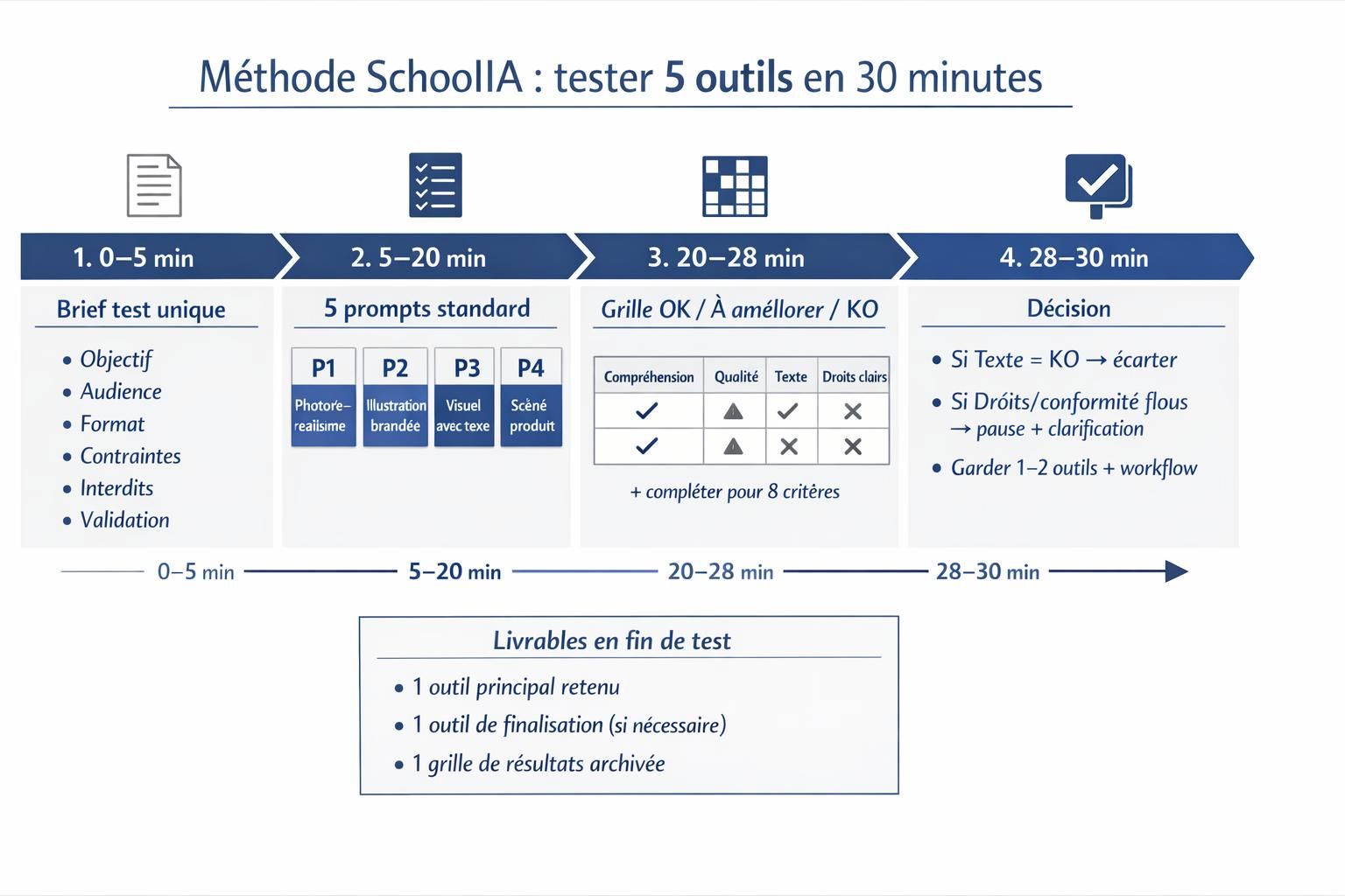 Schéma en 4 étapes montrant la méthode de test en 30 minutes pour comparer 5 générateurs d’images IA avec brief unique, 5 prompts et grille OK/KO.
