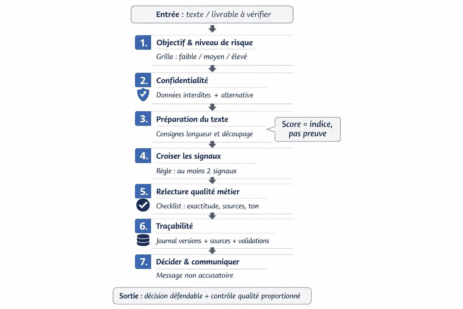 Schéma du protocole en 7 étapes pour interpréter un détecteur d’IA et décider de façon responsable en entreprise