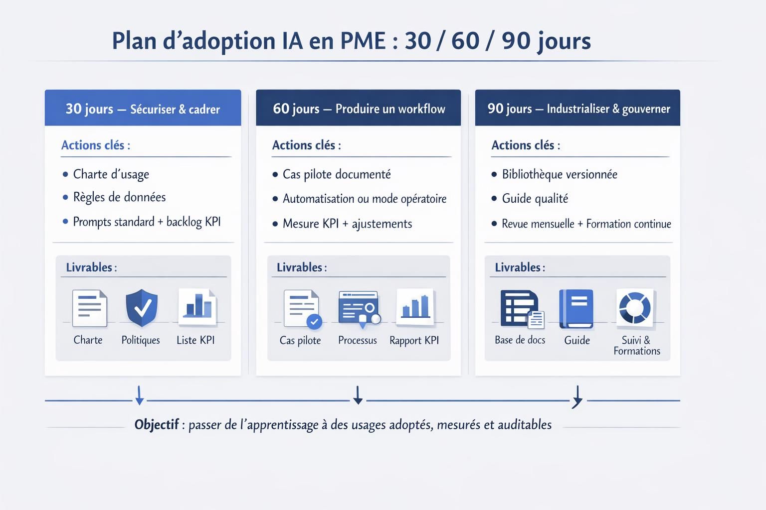Roadmap 30-60-90 jours pour adopter l’IA en PME avec actions clés et livrables à chaque étape.