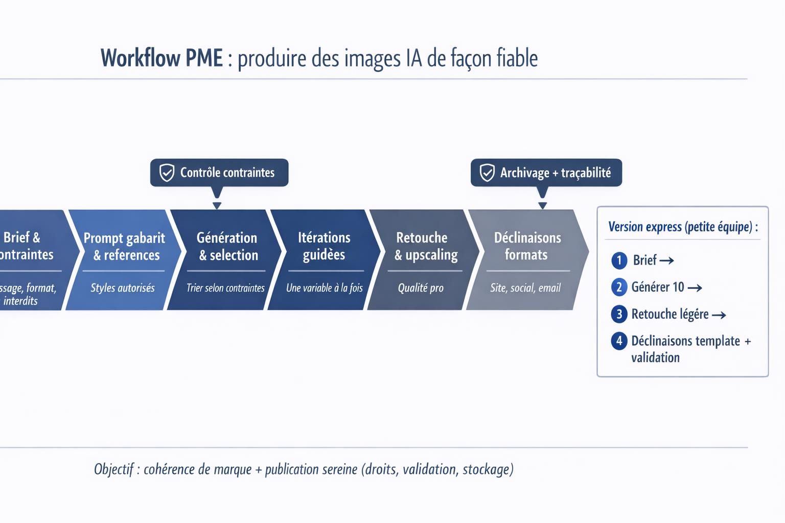 Workflow en 7 étapes pour produire une image IA en PME, du brief à la validation, avec une version express pour petites équipes.