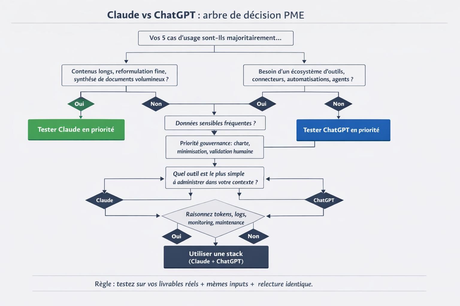 Arbre de décision PME pour choisir entre Claude, ChatGPT ou utiliser les deux selon le cas d’usage.