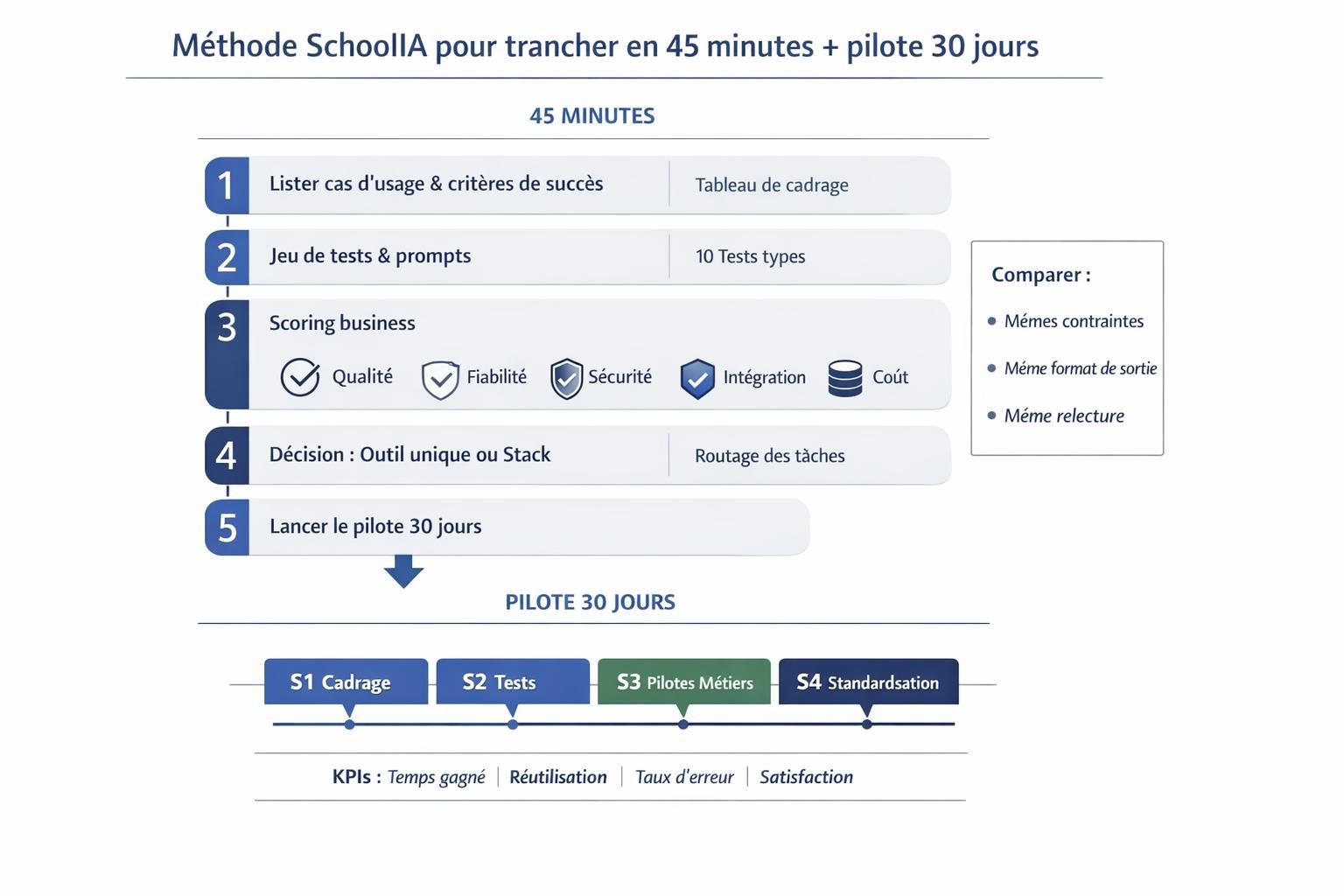 Schéma de la méthode SchoolIA : test Claude vs ChatGPT en 45 minutes et pilote sur 30 jours.