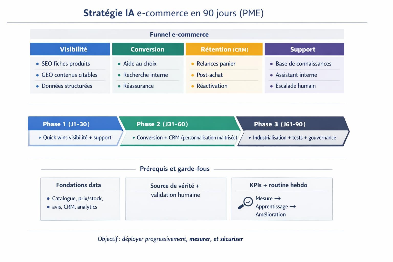 Schéma de stratégie IA pour boutique en ligne sur 90 jours : visibilité, conversion, rétention CRM et support