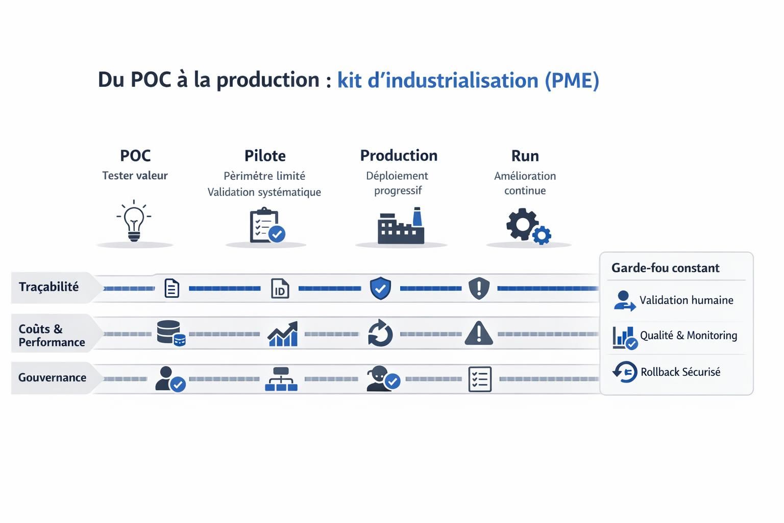 Diagramme des étapes pour passer d’un POC d’automatisation IA à la production, avec traçabilité, coûts et gouvernance.