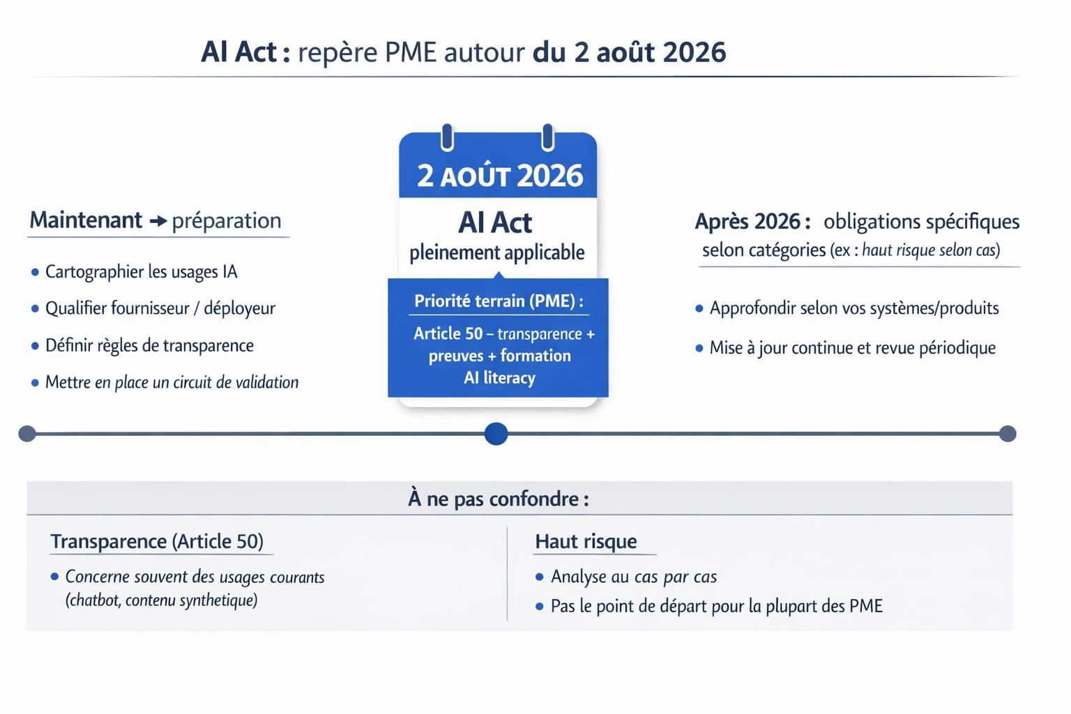 Frise chronologique montrant le jalon du 2 août 2026 dans l’AI Act et les priorités PME : transparence Article 50, preuves, gouvernance et formation.