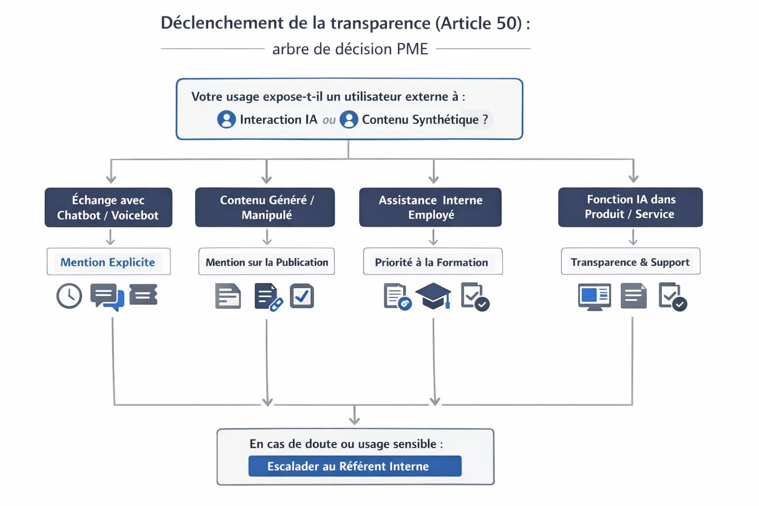 Arbre de décision pour déterminer quand une mention de transparence est nécessaire selon l’Article 50 : interaction avec chatbot, contenu IA publié, usage interne assisté ou IA intégrée à un produit.
