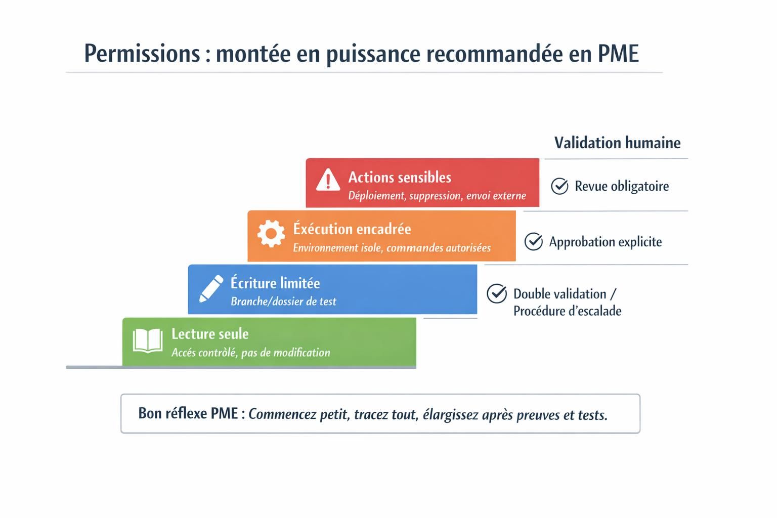 Échelle de permissions pour Claude Code en PME, montrant la progression de lecture seule à actions sensibles avec des points de validation humaine.