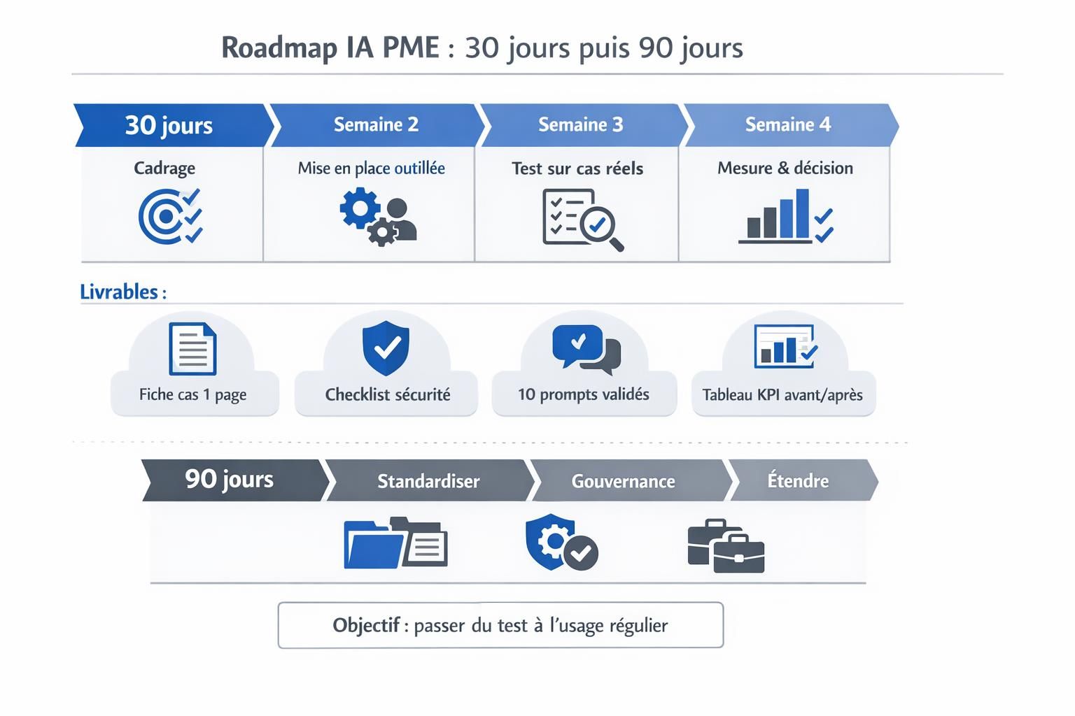 Frise 30 jours et 90 jours pour déployer l’IA en PME, avec étapes hebdomadaires et livrables clés comme fiche cas d’usage et tableau KPI.