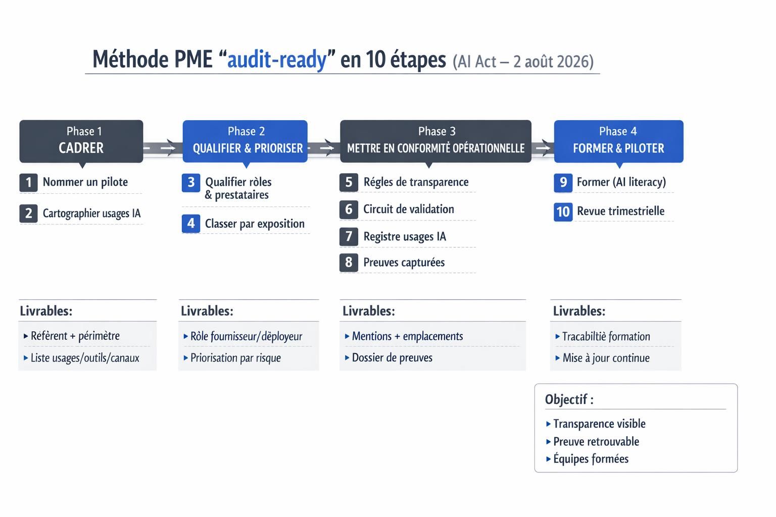 Roadmap en 4 phases présentant les 10 étapes PME pour être audit-ready AI Act : cadrage, qualification, transparence et preuves, puis formation et revue.