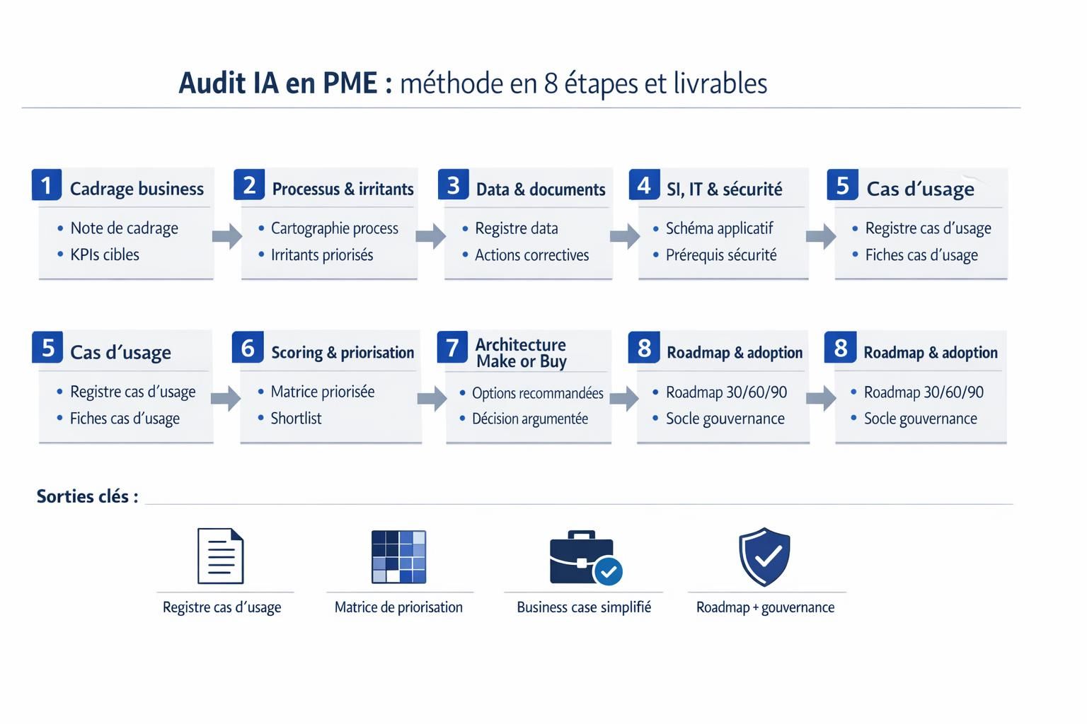 Schéma des 8 étapes d’un audit IA en PME et des livrables associés (méthode SchoolIA), jusqu’à la roadmap 30/60/90 jours.