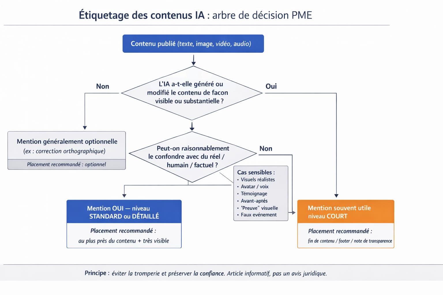 Arbre de décision PME pour déterminer quand ajouter une mention "contenu généré ou modifié par IA"