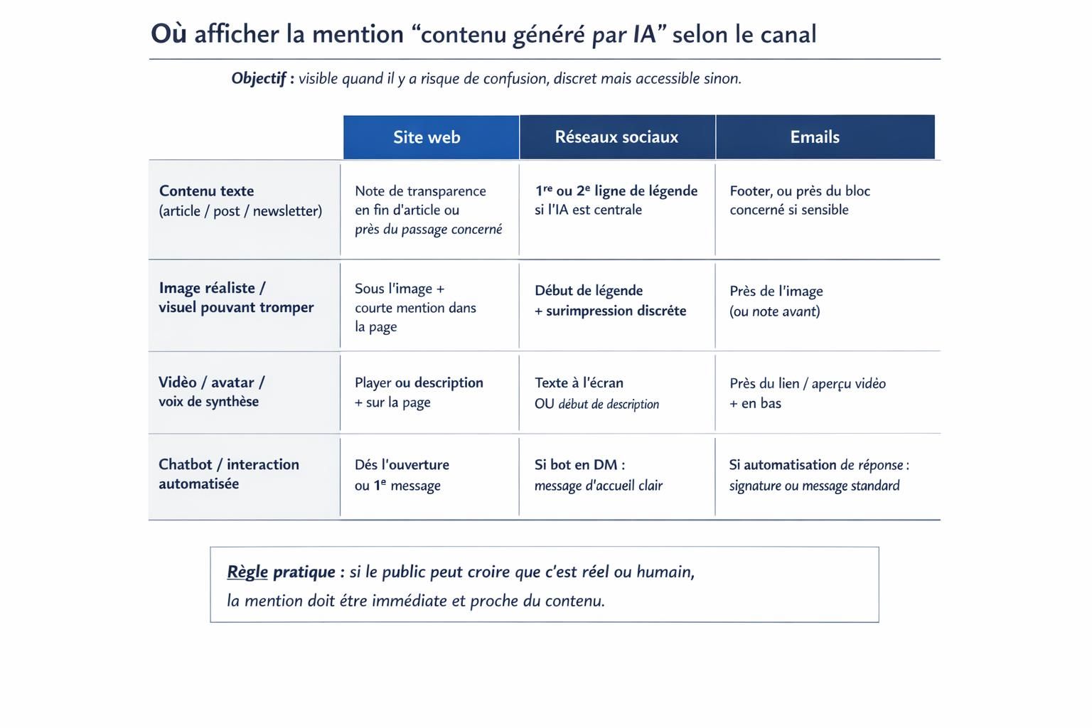 Tableau des emplacements recommandés pour la mention "contenu généré par IA" sur site web, réseaux sociaux et emails