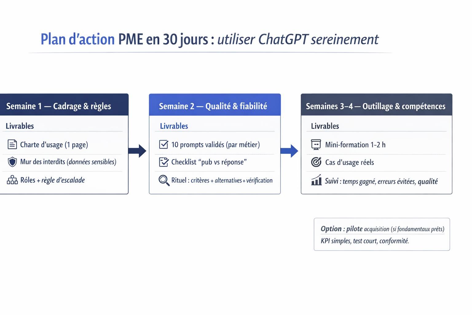 Timeline du plan d’action en 30 jours pour cadrer, fiabiliser et déployer l’usage de ChatGPT en PME, avec les livrables par semaine.