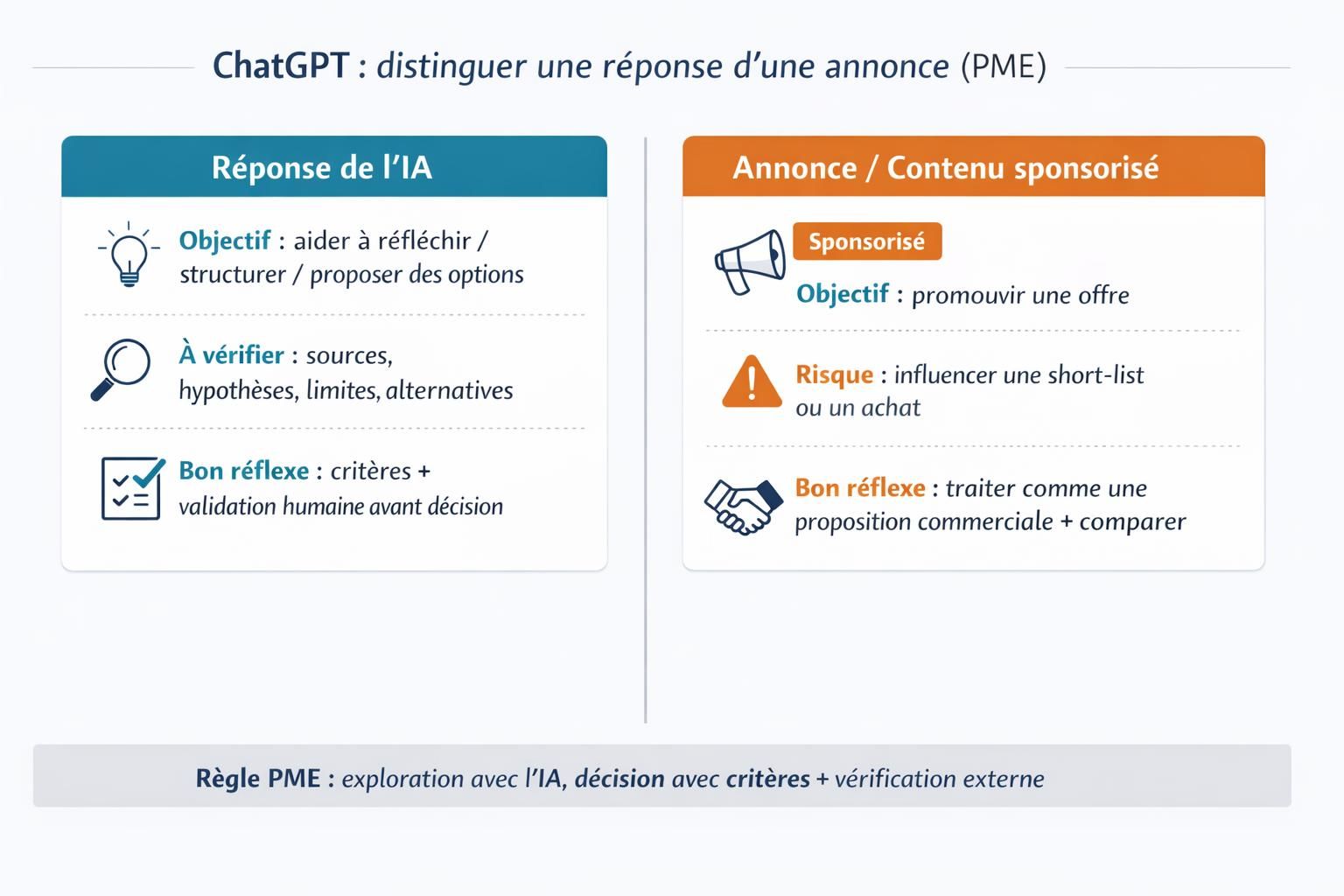 Schéma comparant une réponse de l’IA et une annonce sponsorisée dans ChatGPT, avec les vérifications recommandées pour une PME.