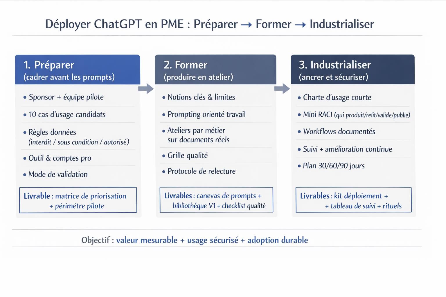 Schéma du framework « Préparer, Former, Industrialiser » pour déployer ChatGPT en PME avec les principaux livrables à chaque étape.