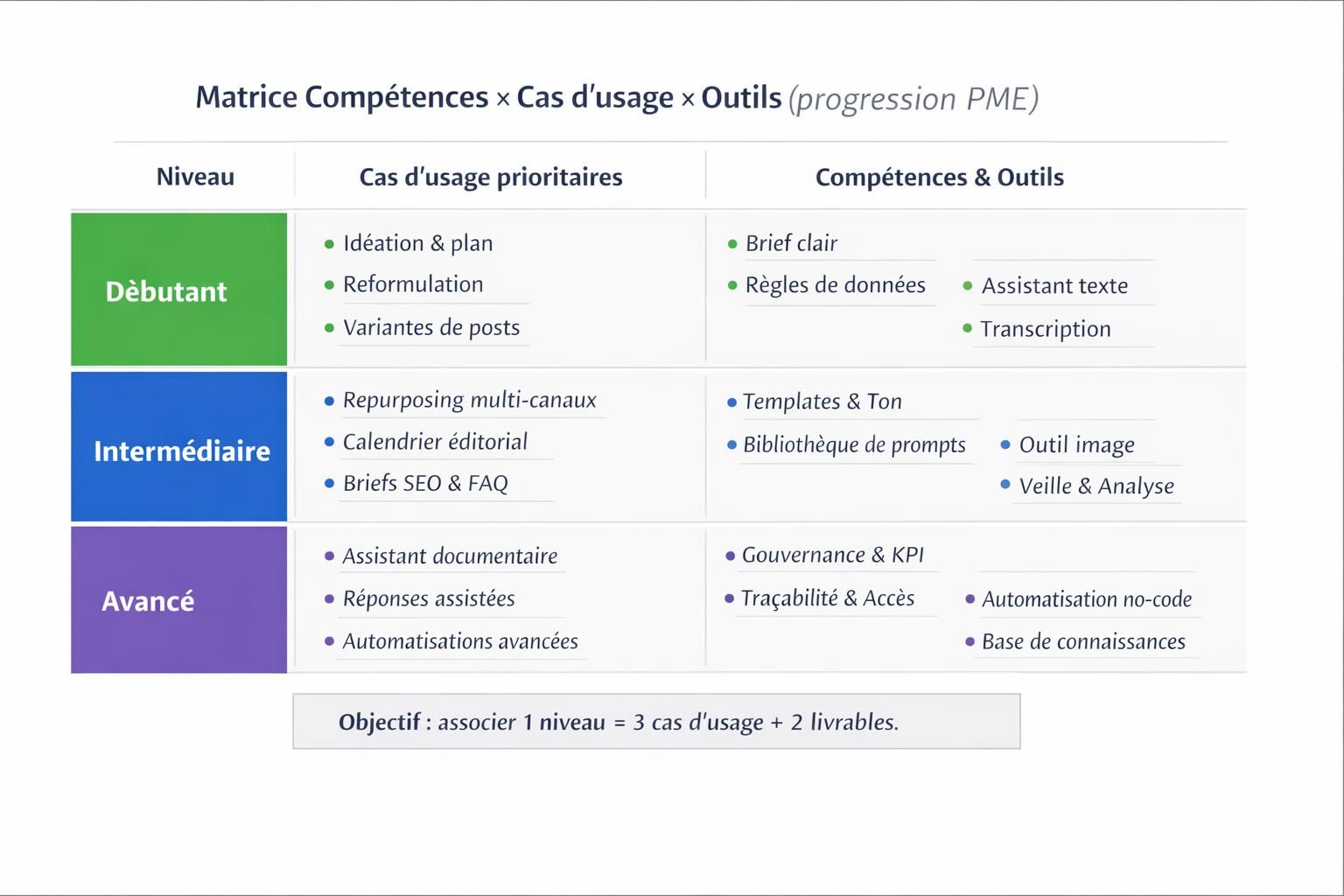 Matrice de progression d’une formation IA communication en PME reliant niveaux, cas d’usage, compétences et familles d’outils.
