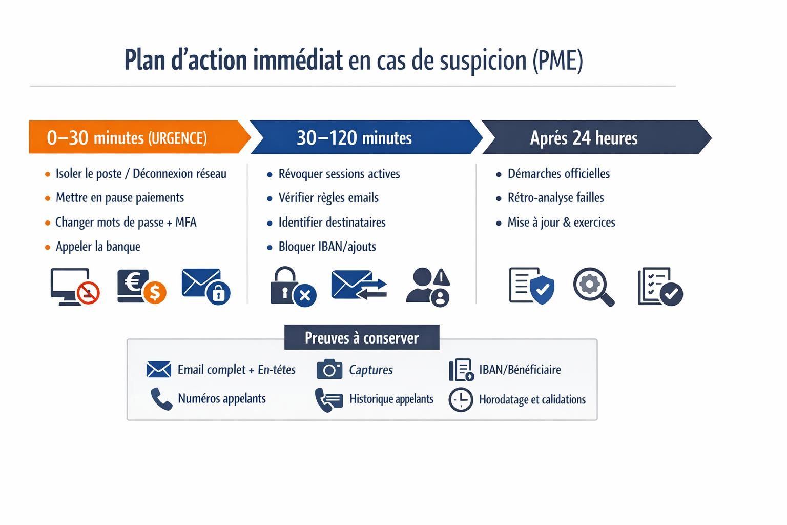 Timeline du plan d’action en cas de suspicion de phishing ou fraude en PME, avec étapes 0–30 minutes, 30–120 minutes, après 24 heures et liste des preuves à conserver.